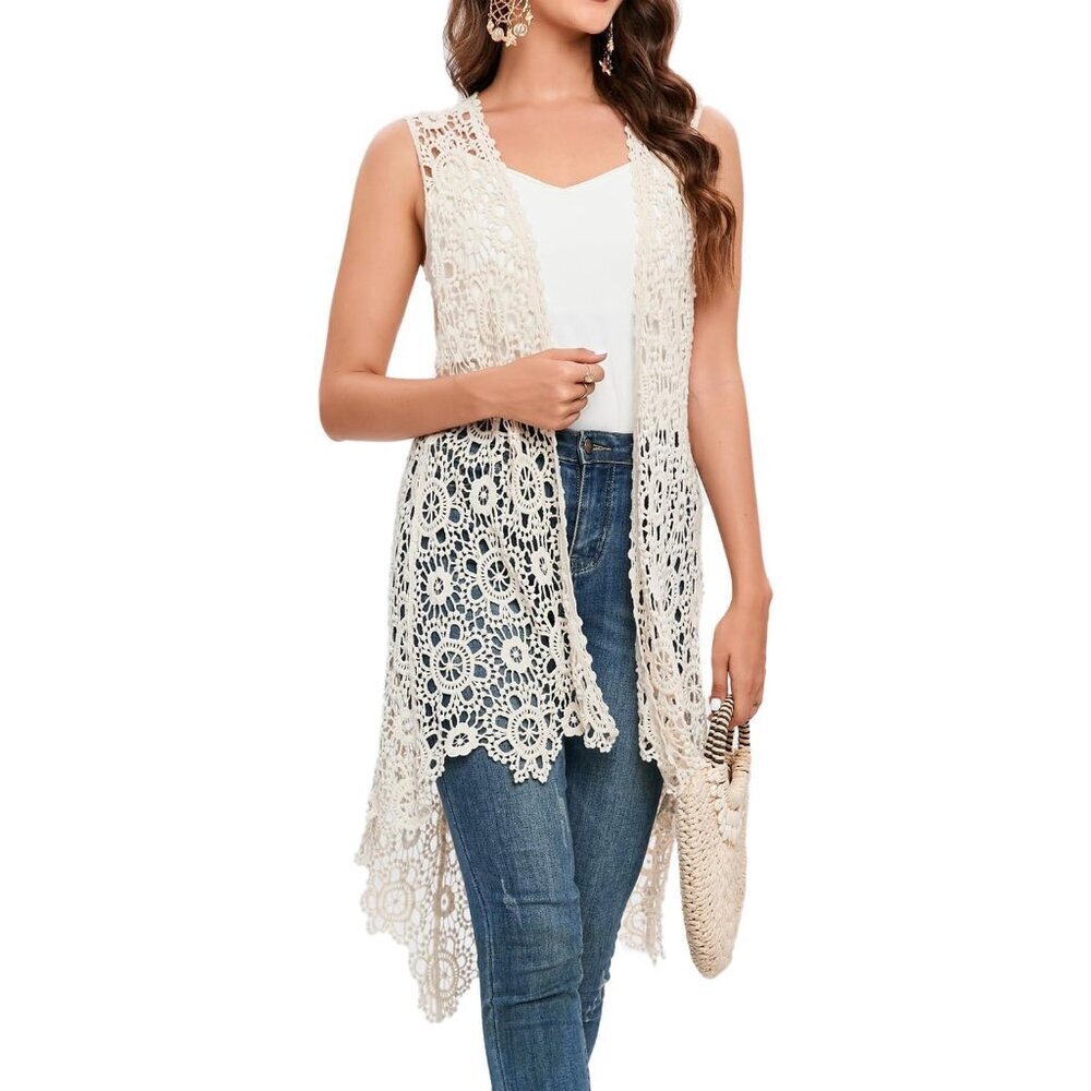 Women's Crochet Vest Cotton Loose Fit Boho Cover Up Sleeveless Cardigan